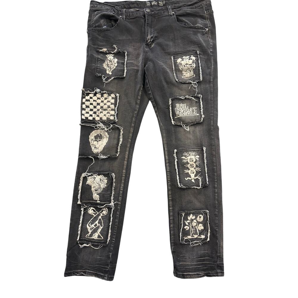 Rebel Vengeance Denim Jeans Slim Straight Y2K Skull Patched Gothic Mens 36x30
